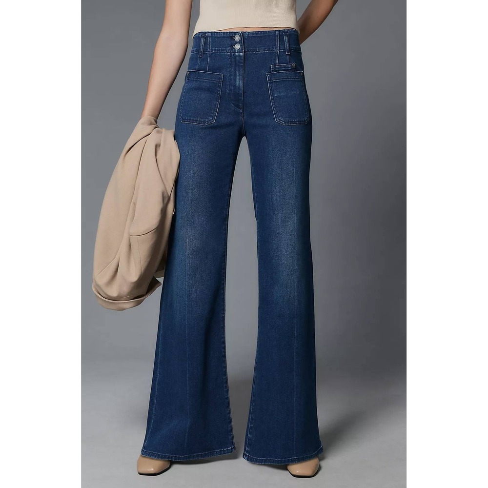 Maeve Jeans Junie High-Rise Wide-Leg 27P Dark Wash Blue Retro Patch Pocket Denim
